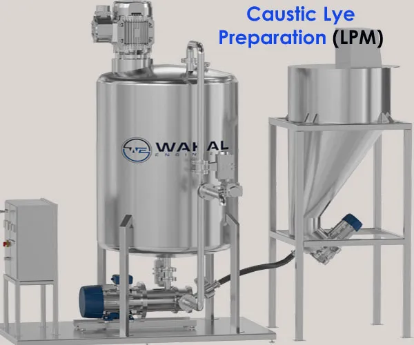 Render captioned 'Caustic Lye Preparation (LPM)': Wahal stainless tank, powder hopper and inline mixer on one skid