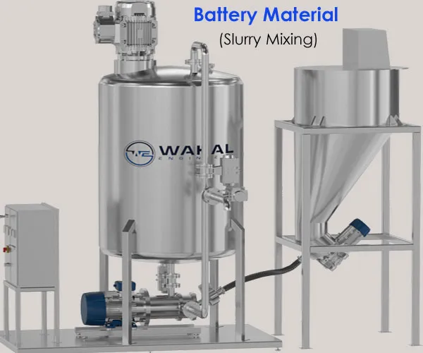Wahal powder induction system for battery material slurry: tank, powder hopper and inline mixer