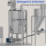 Wahal powder induction system for detergent and surfactant powders: tank, powder hopper and inline mixer