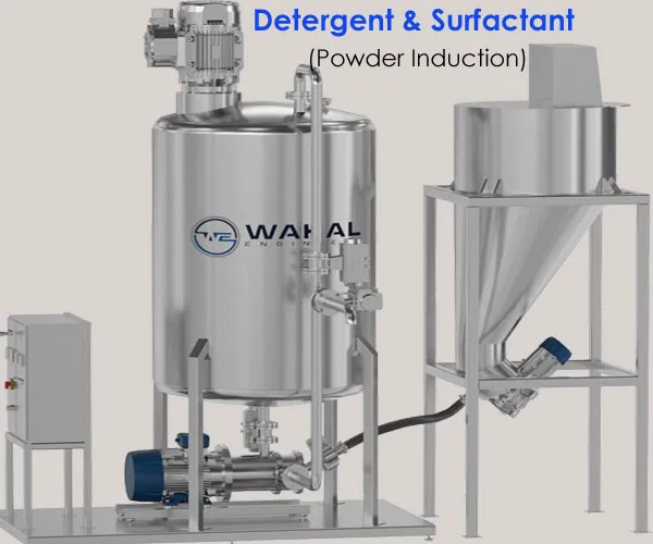 Wahal powder induction system for detergent and surfactant powders: tank, powder hopper and inline mixer