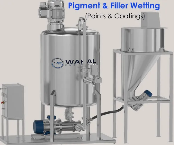 Wahal powder induction system for pigment and filler wetting: tank, powder hopper and inline mixer