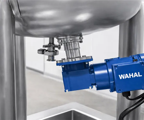 Wahal bottom-mounted magnetic coupling mixer drive fitted beneath a stainless steel tank