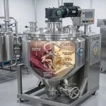 Cutaway of a Wahal vertical ribbon blender showing the helical ribbon agitator and material flow zones