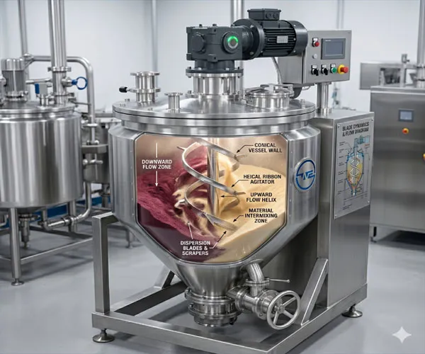 Cutaway of a Wahal vertical ribbon blender showing the helical ribbon agitator and material flow zones