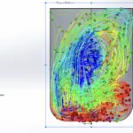CFD simulation of flow trajectories inside a mixing vessel, coloured by velocity