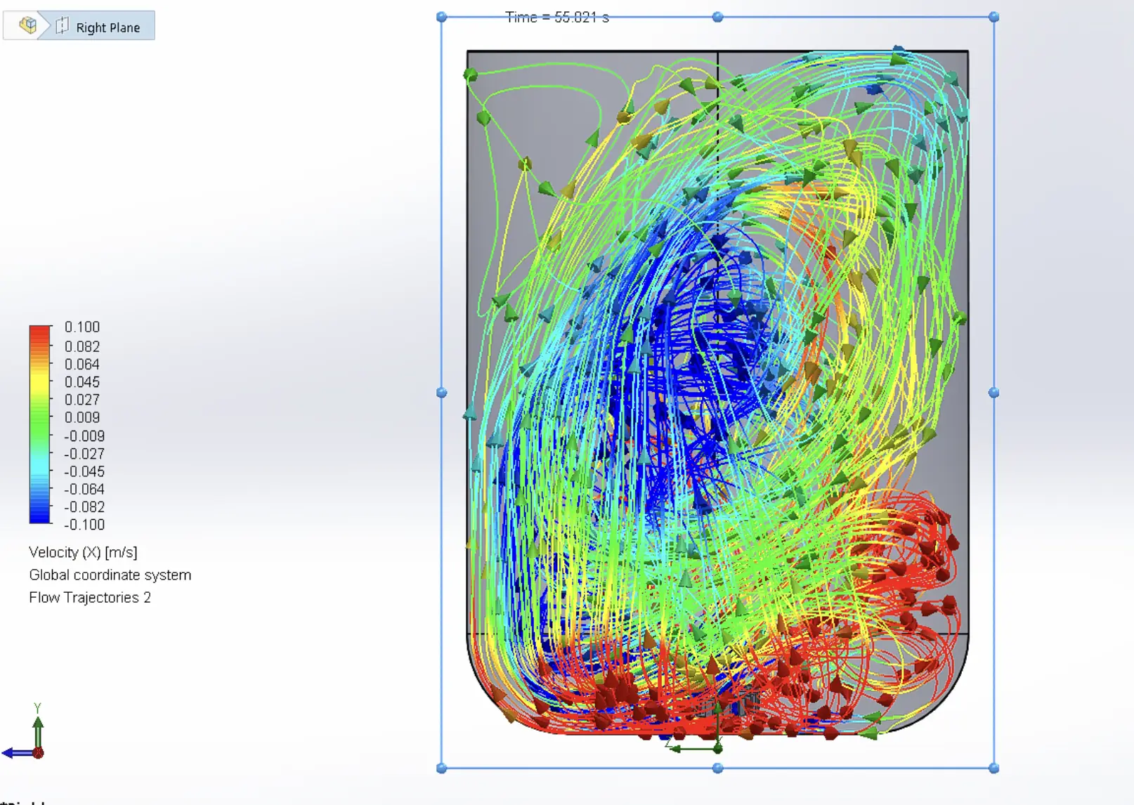 CFD simulation of flow trajectories inside a mixing vessel, coloured by velocity