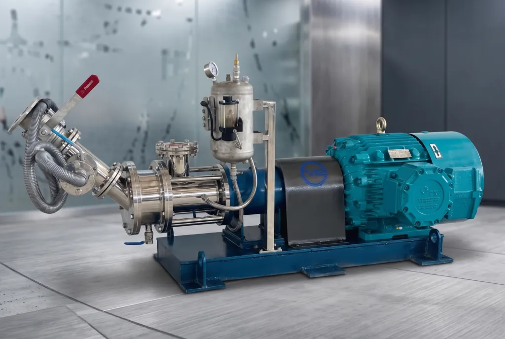 3D render of a solid-liquid powder induction mixer with teal motor, powder inlet hose and seal pot on a blue base