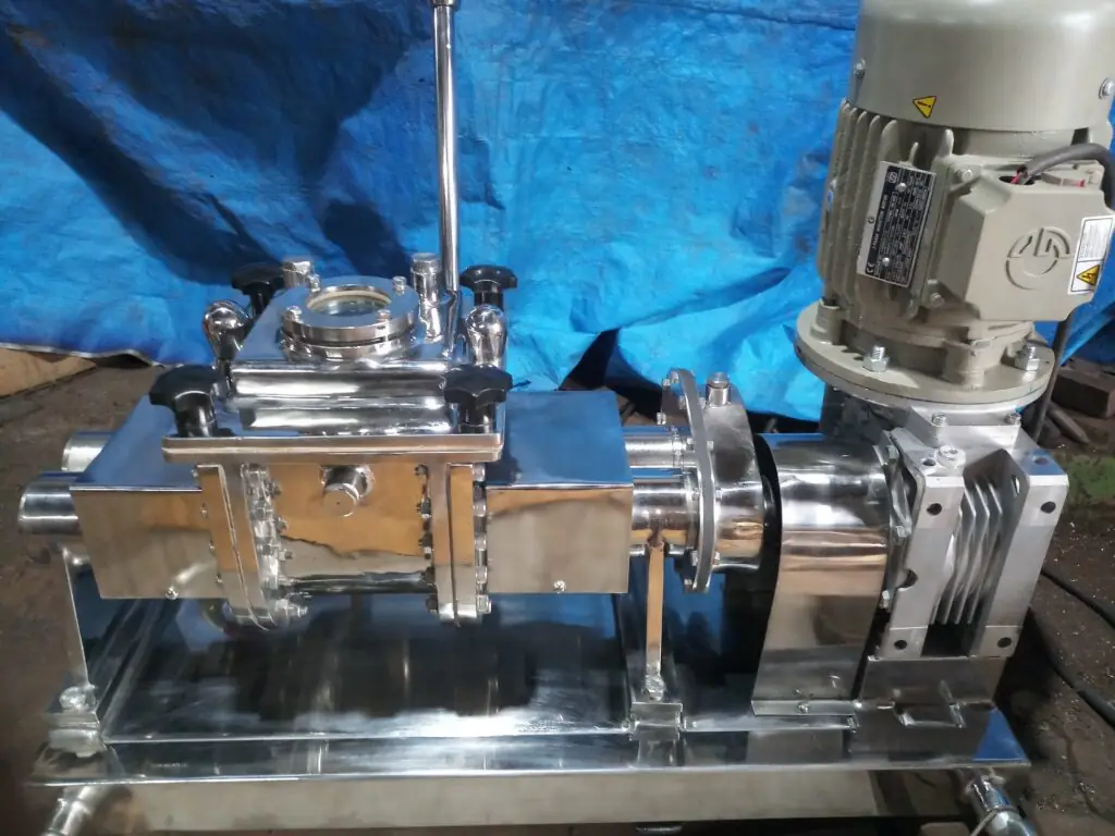 Stainless steel sigma (Z-blade) mixer trough with sight-glass lid and geared motor on a mobile frame